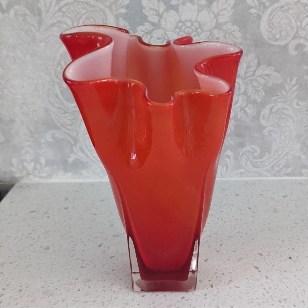 Vintage Orange Cased Glass Handkerchief Vase